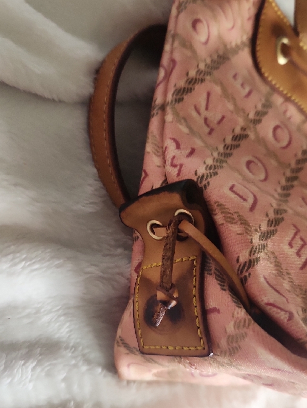 Dooney And Bourke Pink Patterned Drawstring Tote Bag with Brown Trim - Picture 3 of 6